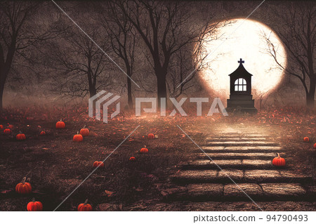 3D Render of Graveyard Cemetery In Spooky Dark Night for halloween concept 94790493