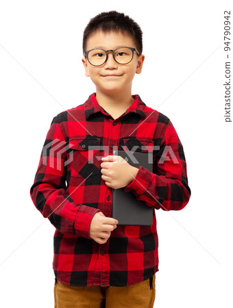 Kid with smile, holding tablet, wearing eyeglasses, isolated on white background 94790942