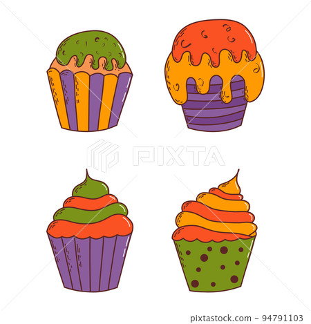 Cute halloween cupcakes. Halloween elements. Trick or treat concept. Vector illustration in hand drawn style Cute halloween cupcakes. Halloween elements. Trick or treat concept. Vector illustration in hand drawn style 94791103