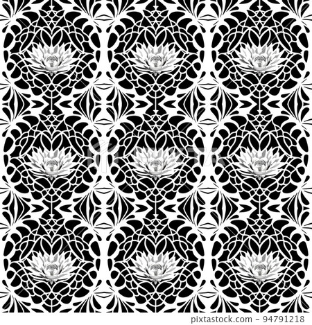 Seamless vector line art pattern made of black sketchy lines hand drawn lily flowers on white, retro style Seamless vector line art pattern made of black sketchy lines hand drawn lily flowers on white, retro style 94791218