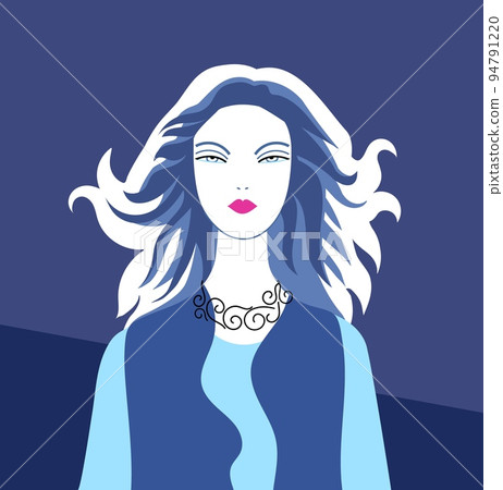 Portrait of woman in denim jacket with long hair in backlight, flat style vector fashion illustration Portrait of woman in denim jacket with long hair in backlight, flat style vector fashion illustration 94791220