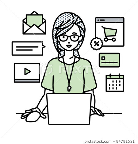 A female teacher sitting at a desk and doing an online shop or marketing job on a PC A female teacher sitting at a desk and doing an online shop or marketing job on a PC 94791551