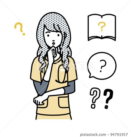 A set of question marks of a nurse woman standing and feeling doubts with her hands on her chin 94791957