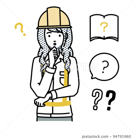 一組問號，給建築工地的一名婦女站著，雙手放在下巴上感到懷疑 94791960