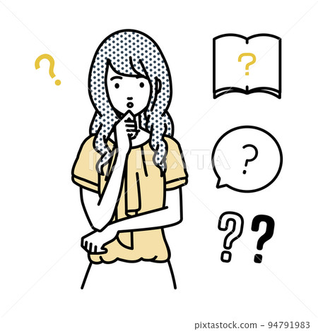 A set of office casual women question marks standing and feeling doubts with their hands on their chins A set of office casual women question marks standing and feeling doubts with their hands on their chins 94791983