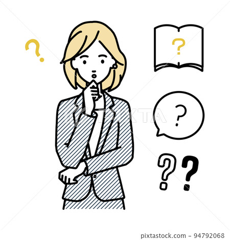 A set of question marks for a woman in a suit who stands and puts her hands on her chin and feels doubts 94792068