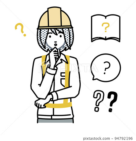 A set of question marks for a woman at a construction site standing and feeling doubts with her hands on her chin A set of question marks for a woman at a construction site standing and feeling doubts with her hands on her chin 94792196