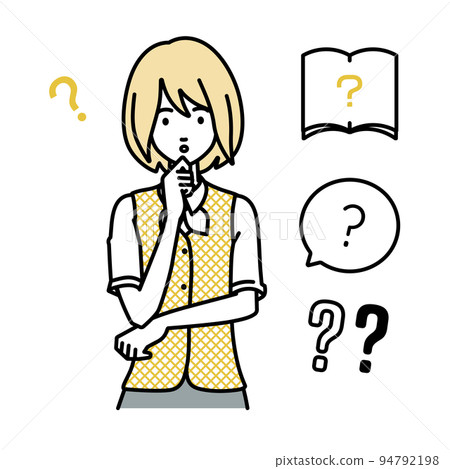 A set of question marks for a woman in a clerk uniform who is standing and feeling doubts with her hands on her chin A set of question marks for a woman in a clerk uniform who is standing and feeling doubts with her hands on her chin 94792198