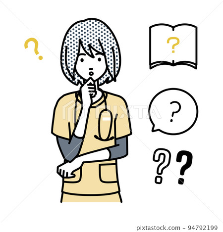 A set of question marks of a nurse woman standing and feeling doubts with her hands on her chin A set of question marks of a nurse woman standing and feeling doubts with her hands on her chin 94792199