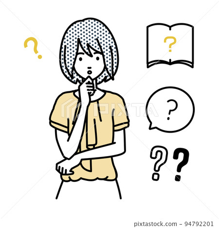 一組辦公室休閒女性問號站著,雙手放在下巴上感到懷疑 一組辦公室休閒女性問號站著,雙手放在下巴上感到懷疑 94792201
