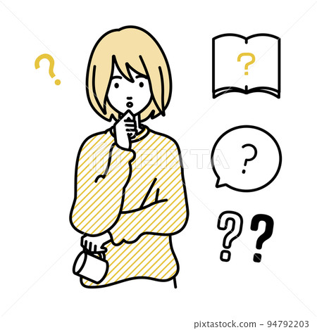 一組遠程工作的女性問號站著,雙手放在下巴上感到懷疑 一組遠程工作的女性問號站著,雙手放在下巴上感到懷疑 94792203