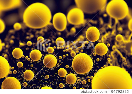 Yellow bacteria cells selective focus. Allergy pathogen over dark background. Germs, virus infection microorganism. Microbial population digital art. Disease bacillus under microscope Yellow bacteria cells selective focus. Allergy pathogen over dark background. Germs, virus infection microorganism. Microbial population digital art. Disease bacillus under microscope 94792825