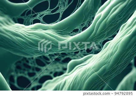 Bacteria fibers under microscope. Cell structure of virus microorganism. Moss web, fabric skin, microflora of mushroom sponge or microworld biomaterial. Green abstract background Bacteria fibers under microscope. Cell structure of virus microorganism. Moss web, fabric skin, microflora of mushroom sponge or microworld biomaterial. Green abstract background 94792895