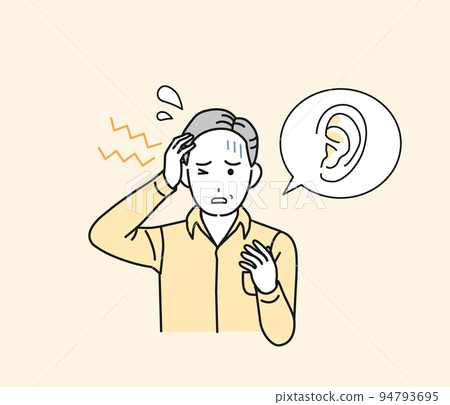 Tinnitus Middle-aged man with ear pain, abnormal noise, otitis media, disease, symptoms, illustration 94793695