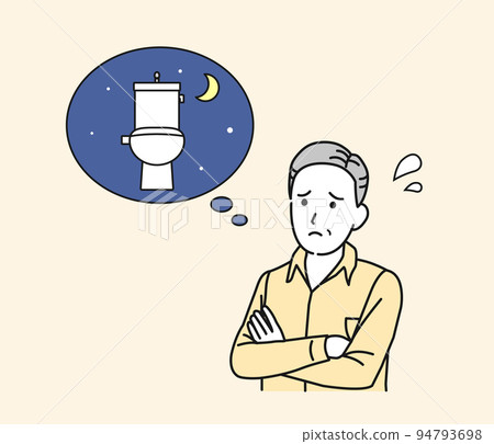 Middle-aged man troubled by frequent urination, polyuria, urge to urinate, tray, symptoms, illustration 94793698