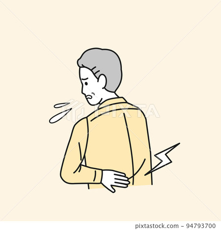 Lower back pain Middle-aged man with lower back pain strained lower back hernia symptom illustration 94793700