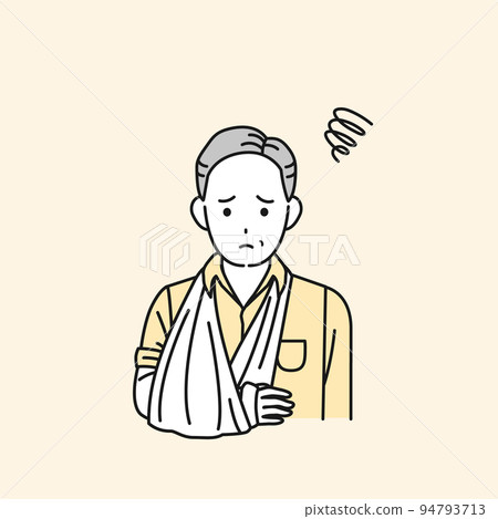 A middle-aged man with a broken arm, an injury, a cast, illustration 94793713