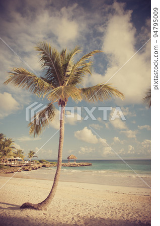 Tropical Paradise. Dominican Republic, Seychelles, Caribbean, Mauritius, Philippines, Bahamas. Relaxing on remote Paradise beach. Vintage. 94795009