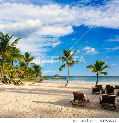 Tropical Paradise. Dominican Republic, Seyshily, Caribbean, Mauritius, Philippines, Bahamas. Relaxing on remote Paradise beach. Vintage. 94795031