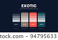 Exotic color scheme. Color Trends combinations and palette guide. Example of table color shades in RGB and HEX. Color swatch for fashion, home, interiors design 2022. Colour chart idea vector. 94795633