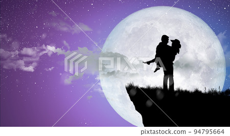 Silhouette at night landscape of couple or lover dancing and singing on the mountain with Milky way background over the full moon. Silhouette at night landscape of couple or lover dancing and singing on the mountain with Milky way background over the full moon. 94795664