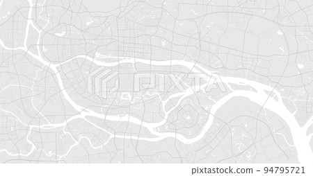 White and light grey Guangzhou city area vector background map, roads and water illustration. Widescreen proportion, digital flat design. White and light grey Guangzhou city area vector background map, roads and water illustration. Widescreen proportion, digital flat design. 94795721