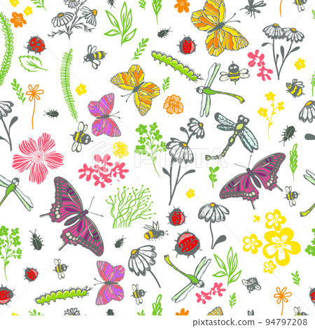 Seamless botanical background with flowers and butterflies. Vector illustration Seamless botanical background with flowers and butterflies. Vector illustration 94797208