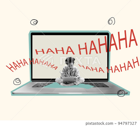 Contemporary art collage. Conceptual image with young girl sitting on laptop and getting Internet abuse Contemporary art collage. Conceptual image with young girl sitting on laptop and getting Internet abuse 94797327