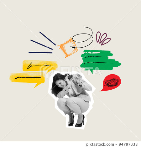 Contemporary art collage. Conceptual image with young woman trying to escape negative messages on Internet 94797338