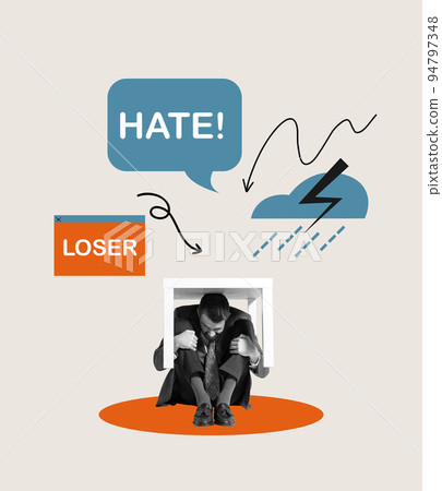 Contemporary art collage. Conceptual image with man hiding under table from social dislike and hate 94797348