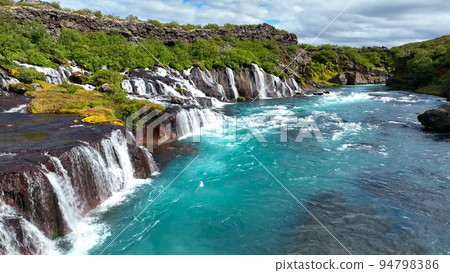 Aerial view of Hraunfossar waterfall in western Iceland, Europe 94798386
