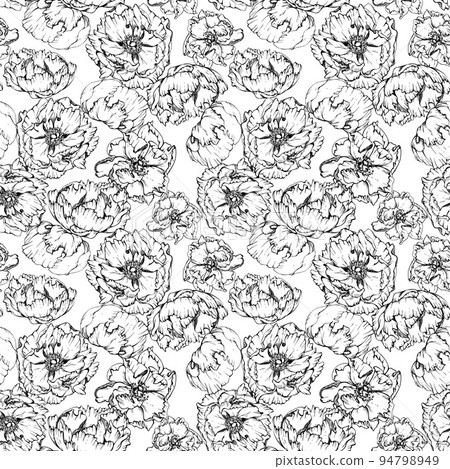 Hand drawn vector seamless pattern with peony flowers, buds and leaves. Isolated on white background. Design for invitations, wedding or greeting cards, wallpaper, print, textile, wrapping paper Hand drawn vector seamless pattern with peony flowers, buds and leaves. Isolated on white background. Design for invitations, wedding or greeting cards, wallpaper, print, textile, wrapping paper 94798949