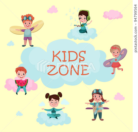 Kids Zone Placard with Fluffy Cloud and Funny Children Playing Plane and Dreaming Vector Template Kids Zone Placard with Fluffy Cloud and Funny Children Playing Plane and Dreaming Vector Template 94799564