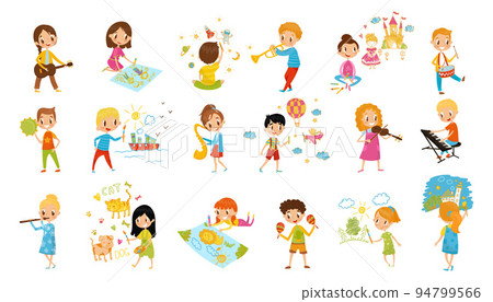Kids Talents with Smiling Boy and Girl Drawing and Playing Musical Instruments Vector Big Set Kids Talents with Smiling Boy and Girl Drawing and Playing Musical Instruments Vector Big Set 94799566
