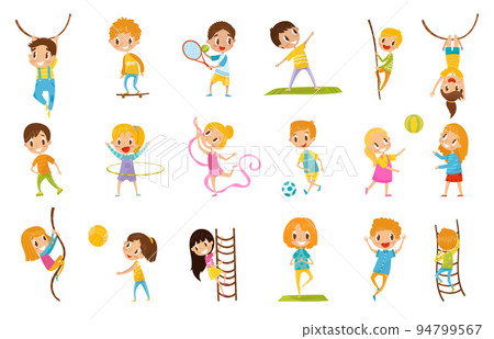 Little Kids Doing Sport Hanging Rope, Climbing Ladder, Playing Ball, Yoga and Gymnastics Vector Set 94799567
