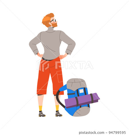 Redhead Man Character in Sunglasses with Backpack Standing and Looking Up Engaged in Hiking in the Mountains Back View Vector Illustration 94799595