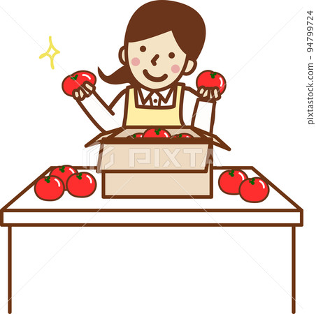 A smiling woman in an apron checking vegetables... - Stock Illustration ...