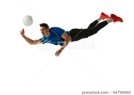 Studio shot of young man, volleyball player playing volleyball isolated on white studio background. Sport, gym, team sport, challenges 94799980