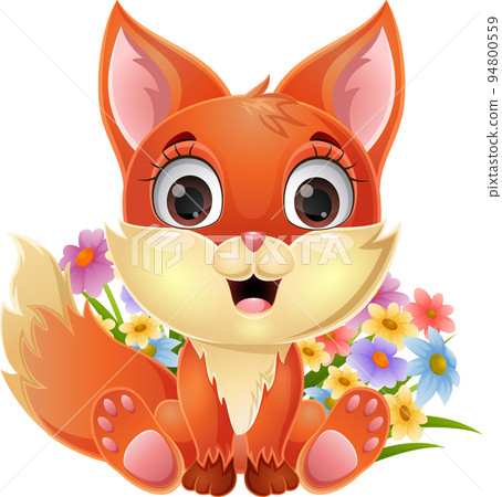 Cute baby fox sitting with the flowers 94800559