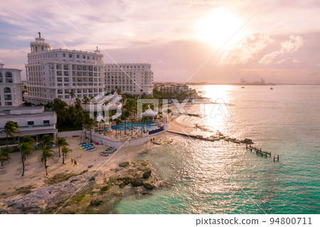 View of beautiful Hotel in the hotel zone of Cancun. Riviera Maya region in Quintana roo on Yucatan Peninsula. Aerial panoramic view of all-inclusive resort. 94800711