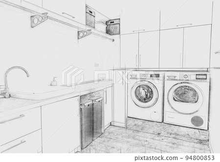 Laundry room with washing machine in modern house, hand drawn style pencil sketch Laundry room with washing machine in modern house, hand drawn style pencil sketch 94800853