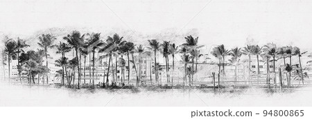 Miami Beach Ocean Drive hotels and restaurants at sunset. City skyline with palm trees at night. hand drawn style pencil sketch Miami Beach Ocean Drive hotels and restaurants at sunset. City skyline with palm trees at night. hand drawn style pencil sketch 94800865