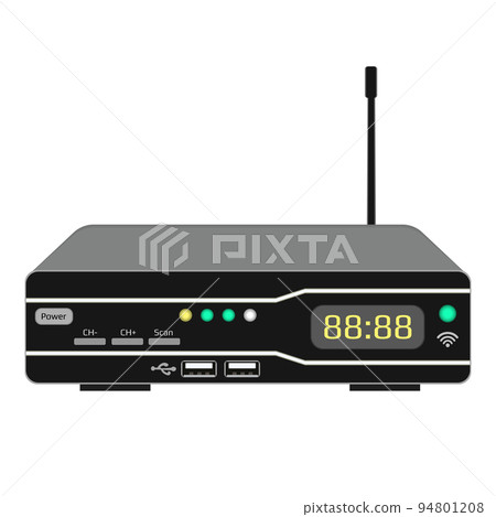 Wireless tv control device isolated on white. Satellite receiver with display and antenna. A dark case with USB ports and control buttons. Vector EPS 10. 94801208