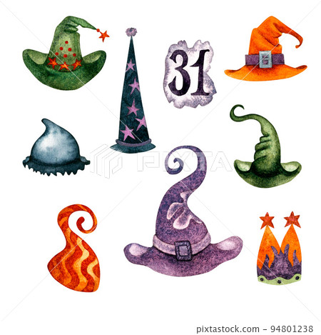 Watercolor set of hats for the Christmas and Halloween masquerade in dark colors: orange, purple, gray, green. Elements isolated on white background 94801238