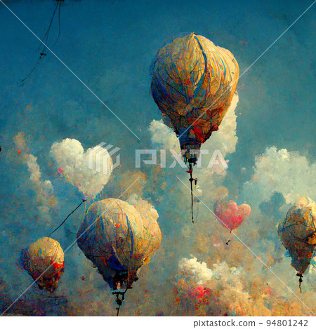 Beautiful fantasy hot air balloons against a blue sky and clouds. Beautiful fantasy hot air balloons against a blue sky and clouds. 94801242
