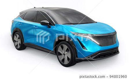 Blue electric SUV car of the new generation on a white background. 3d rendering. Blue electric SUV car of the new generation on a white background. 3d rendering. 94801960