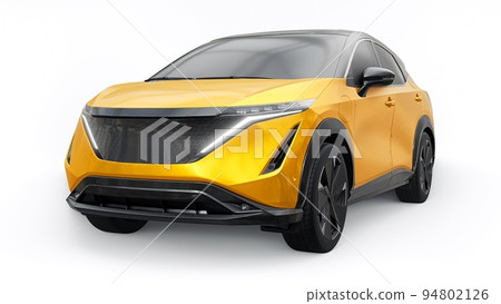 Orange electric SUV car of the new generation on a white background. 3d rendering. Orange electric SUV car of the new generation on a white background. 3d rendering. 94802126