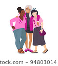 Three women diffrent nationalities. Vector illustration of breast cancer. Breast Cancer Awareness October. Silk ribbons and friendship 94803014