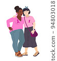 Two women diffrent nationalities. Vector illustration of breast cancer. Breast Cancer Awareness October. Silk ribbons and friendship 94803018