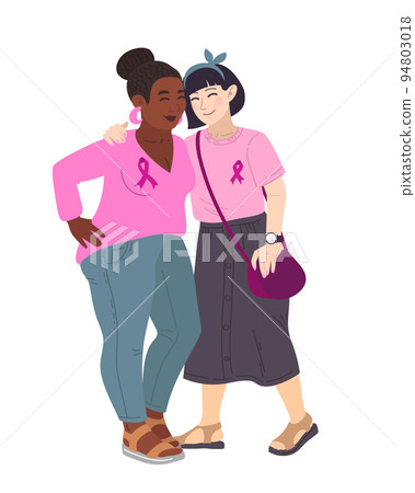 Two women diffrent nationalities. Vector illustration of breast cancer. Breast Cancer Awareness October. Silk ribbons and friendship Two women diffrent nationalities. Vector illustration of breast cancer. Breast Cancer Awareness October. Silk ribbons and friendship 94803018